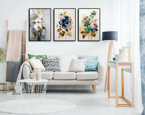 Pine Stretched  Framed 3 Panels - Orchids & Pansy Flower & Rose