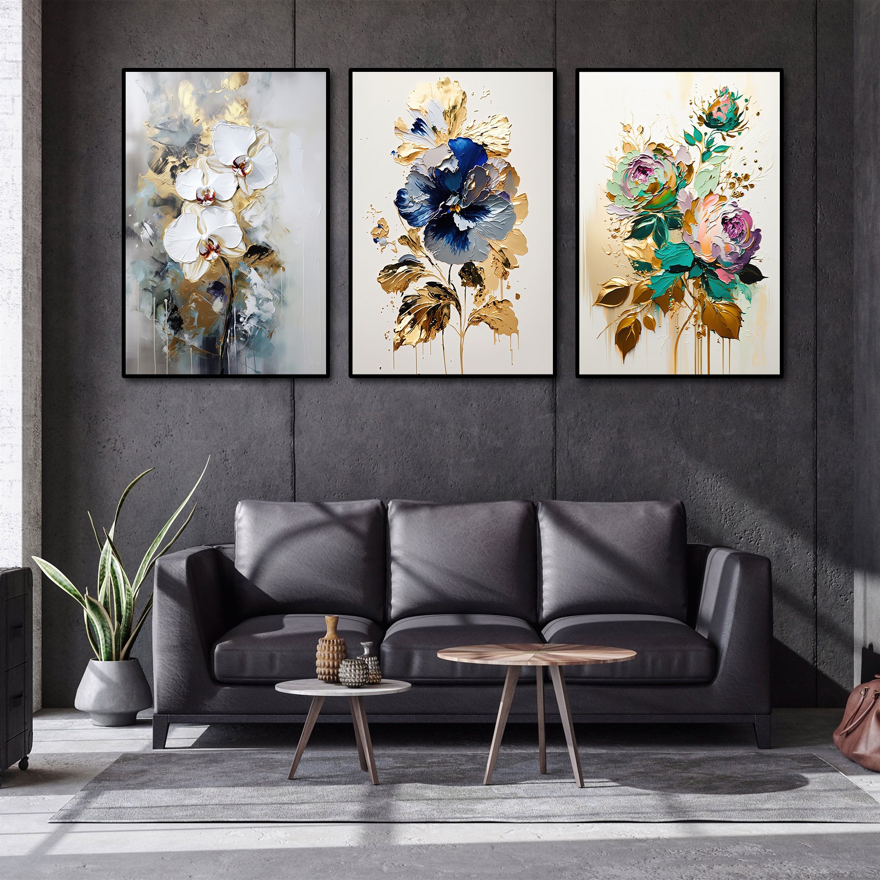 Pine Stretched  Framed 3 Panels - Orchids & Pansy Flower & Rose