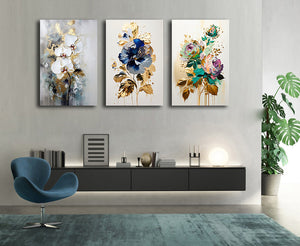 Pine Stretched  Framed 3 Panels - Orchids & Pansy Flower & Rose