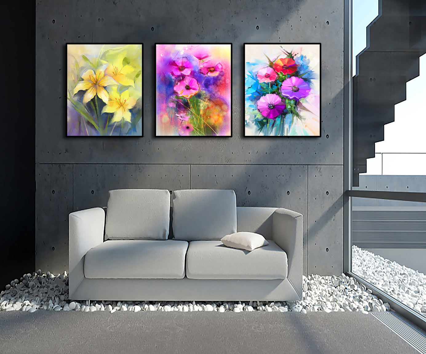 Pine Stretched  Framed 3 Panels - Watercolor Flower