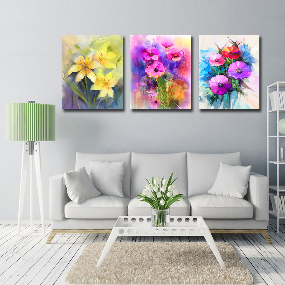 Pine Stretched  Framed 3 Panels - Watercolor Flower