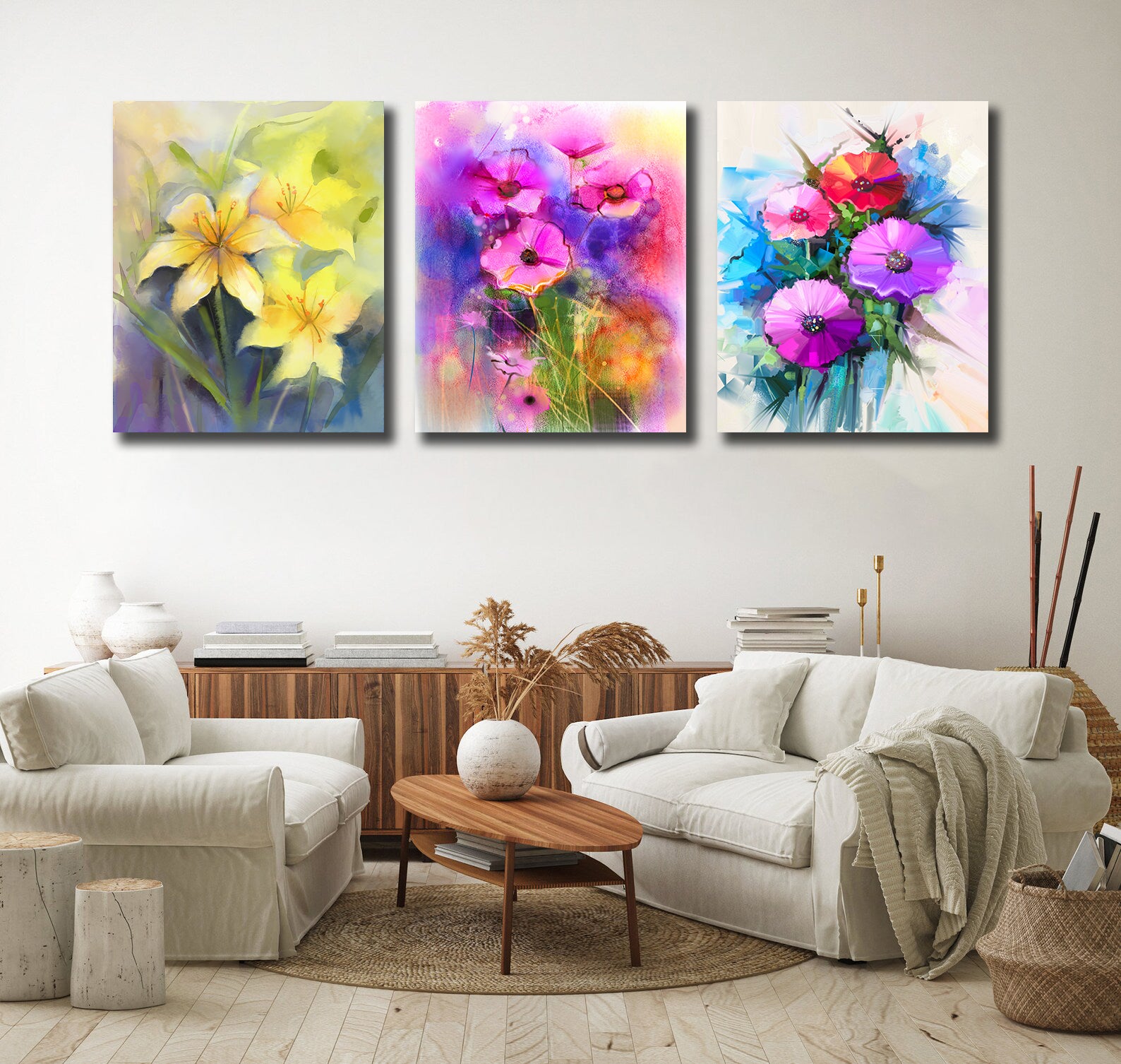 Pine Stretched  Framed 3 Panels - Watercolor Flower