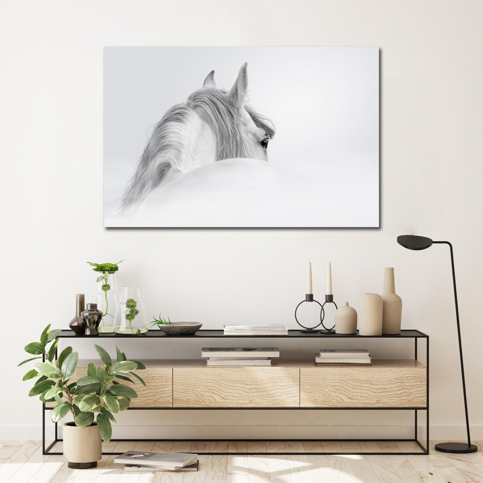 Pine Stretched  Framed 1 Panel - Andalusian horse in a mist