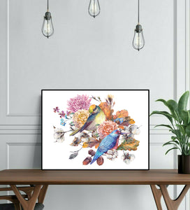 Pine Stretched  Framed 1 Panel - Birds with Autumn Bouquet