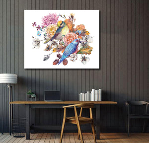 Pine Stretched  Framed 1 Panel - Birds with Autumn Bouquet