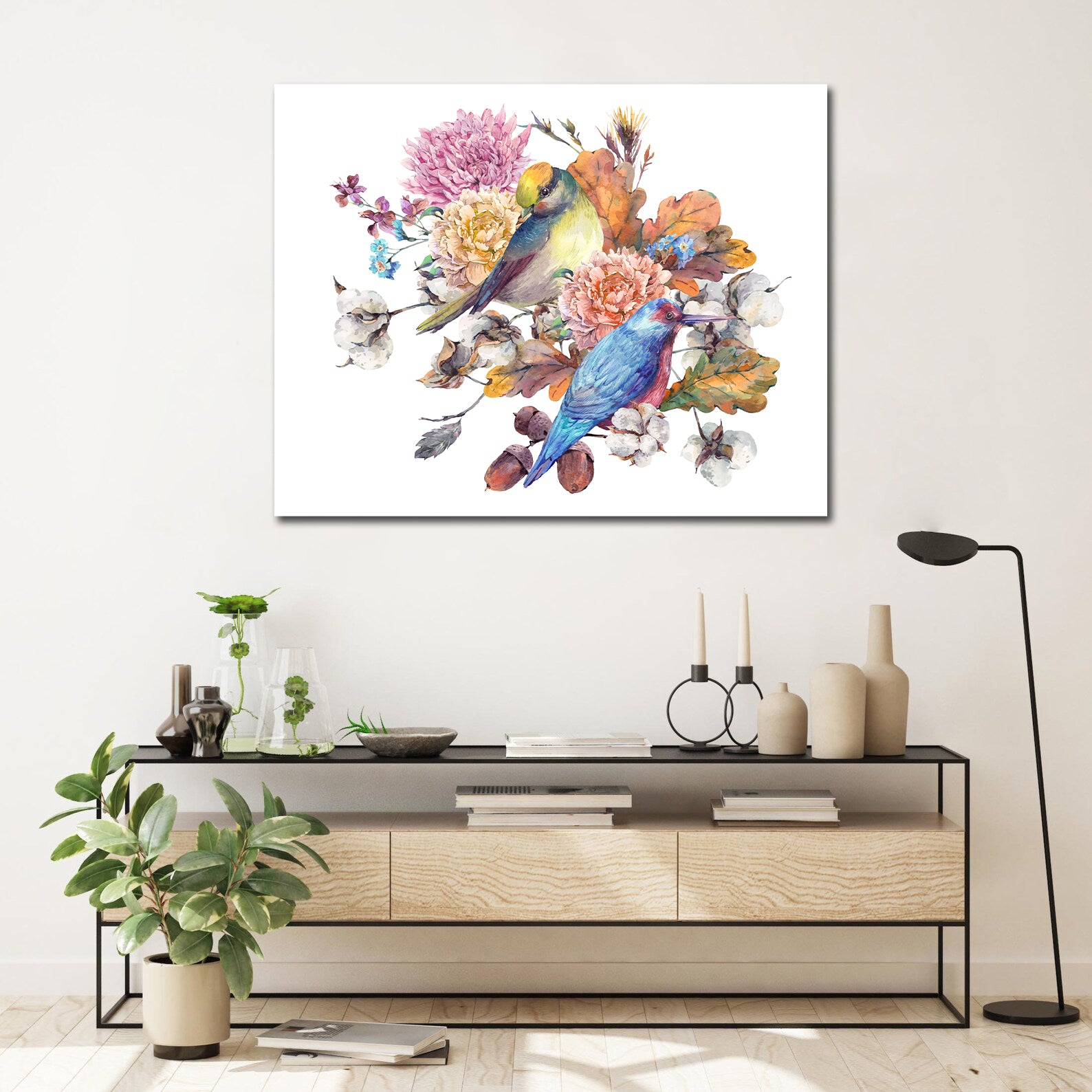 Pine Stretched  Framed 1 Panel - Birds with Autumn Bouquet