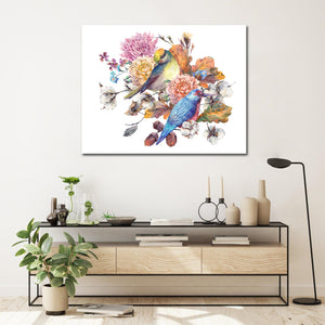 Pine Stretched  Framed 1 Panel - Birds with Autumn Bouquet