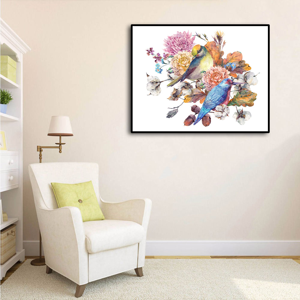Pine Stretched  Framed 1 Panel - Birds with Autumn Bouquet