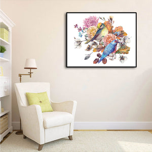 Pine Stretched  Framed 1 Panel - Birds with Autumn Bouquet
