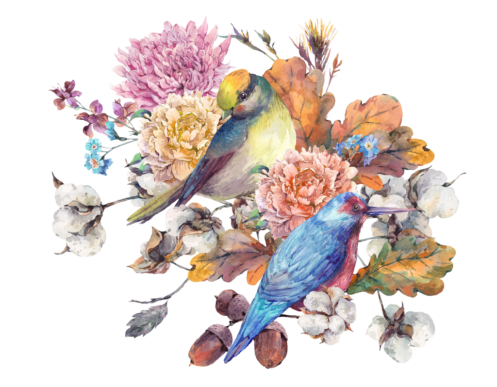 Pine Stretched  Framed 1 Panel - Birds with Autumn Bouquet