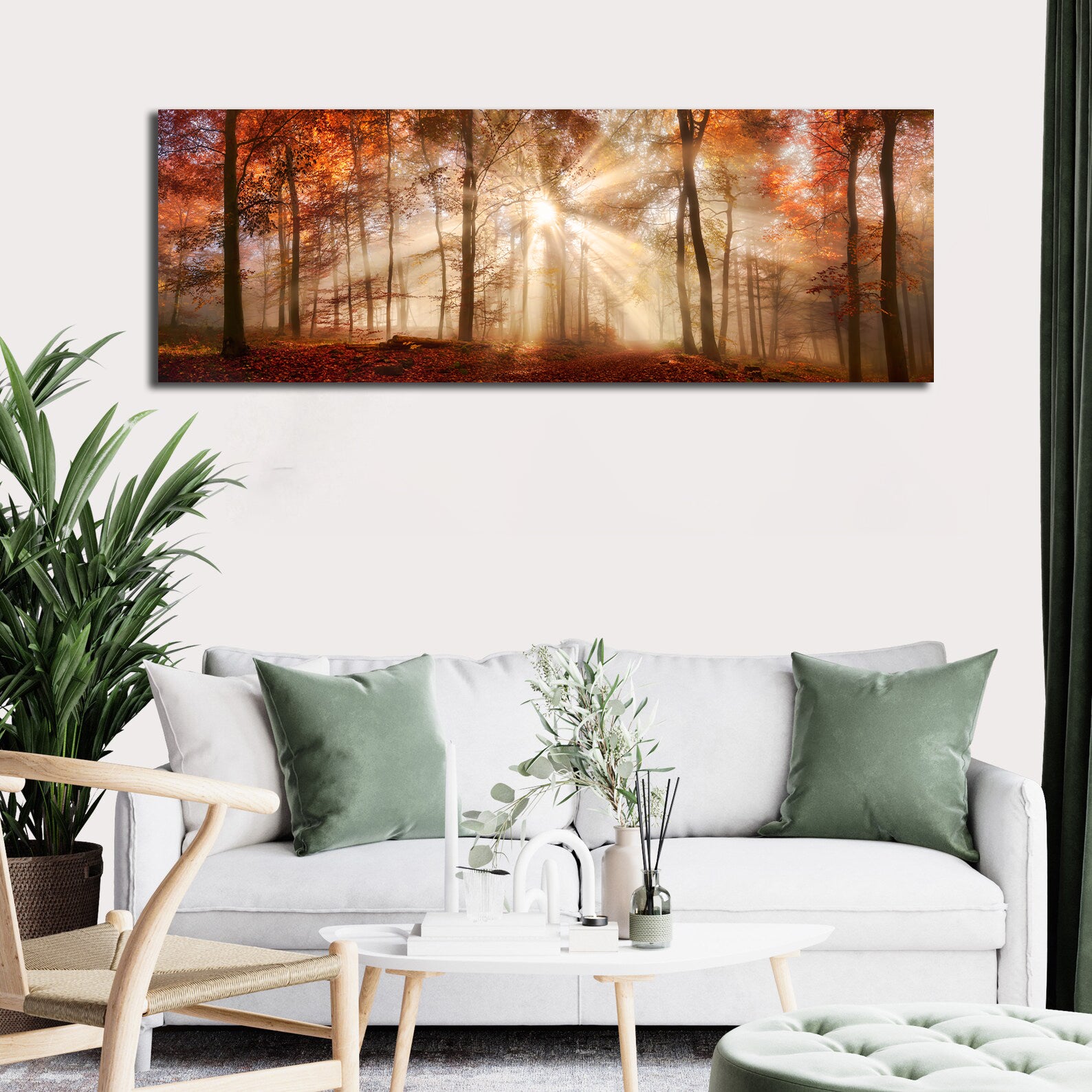 Pine Stretched  Framed 1 Panel - Rays of Sunlight in a Misty Autumn Forest