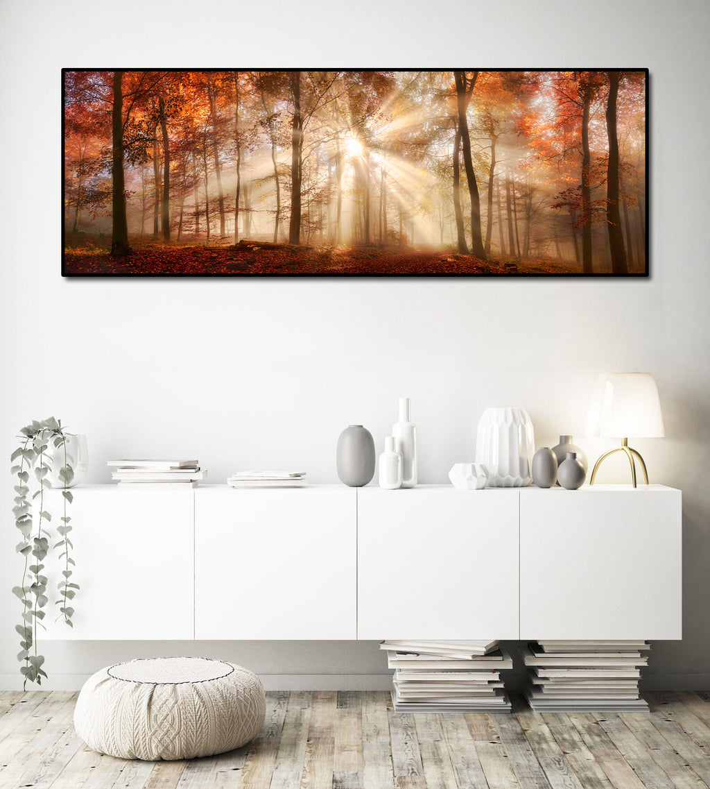 Pine Stretched  Framed 1 Panel - Rays of Sunlight in a Misty Autumn Forest