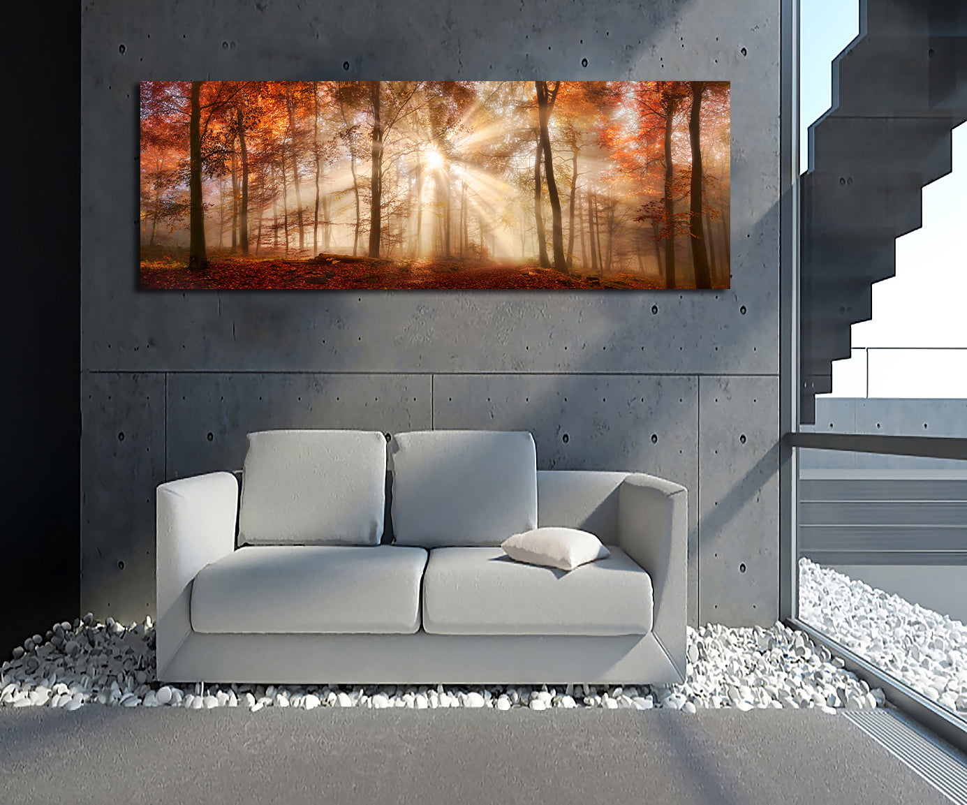 Pine Stretched  Framed 1 Panel - Rays of Sunlight in a Misty Autumn Forest