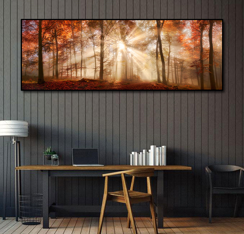 Pine Stretched  Framed 1 Panel - Rays of Sunlight in a Misty Autumn Forest