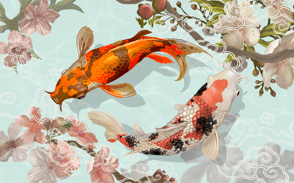 Pine Stretched  Framed 1 Panel - Japanese Koi Fish