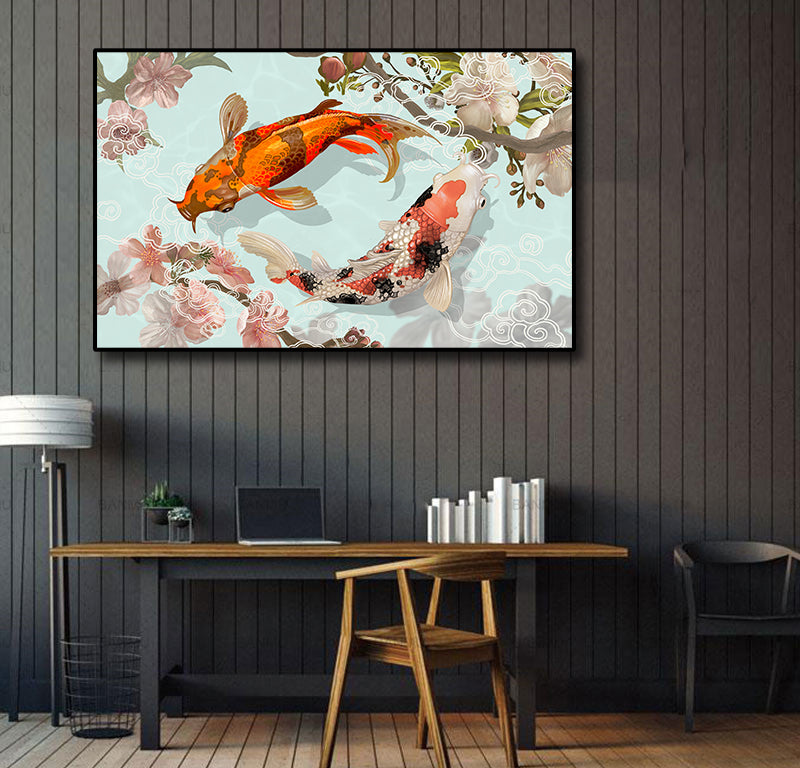 Pine Stretched  Framed 1 Panel - Japanese Koi Fish