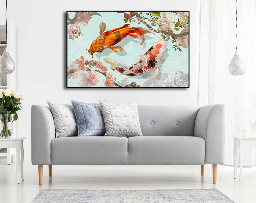 Pine Stretched  Framed 1 Panel - Japanese Koi Fish
