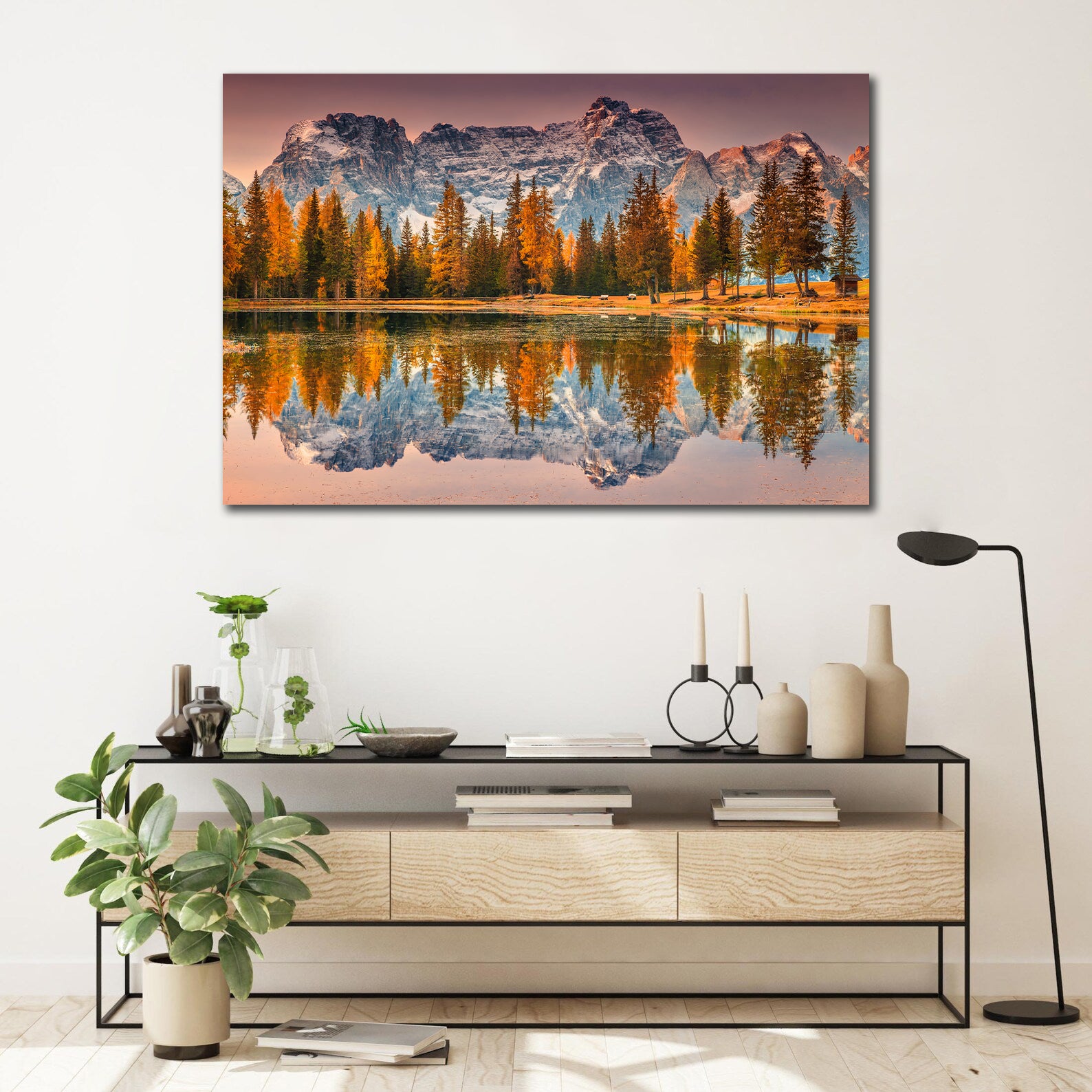 Pine Stretched  Framed 1 Panel - Magical Alpine Lake in Dolomites Mountains