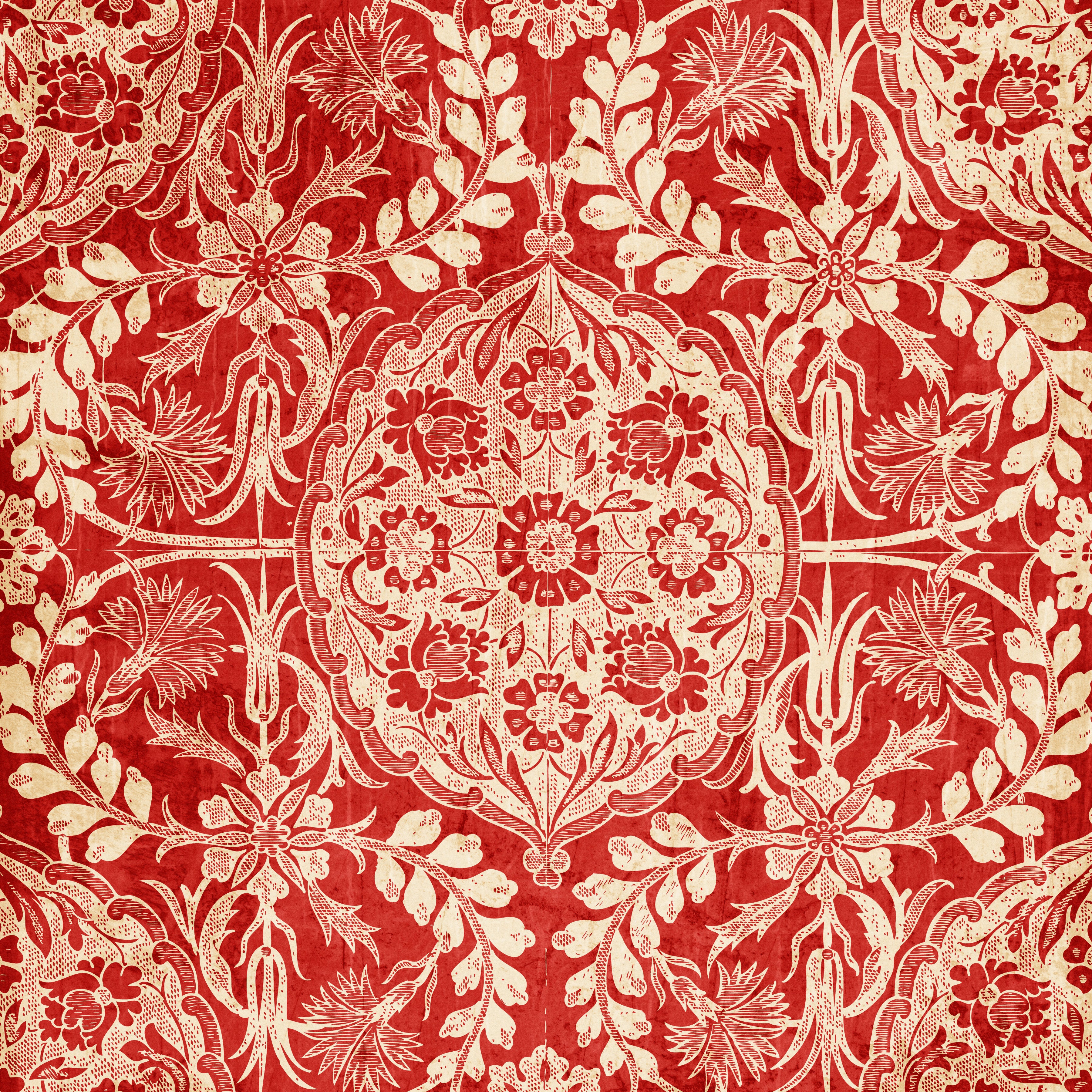 Framed 1 Panel - Red Antique Floral Pattern