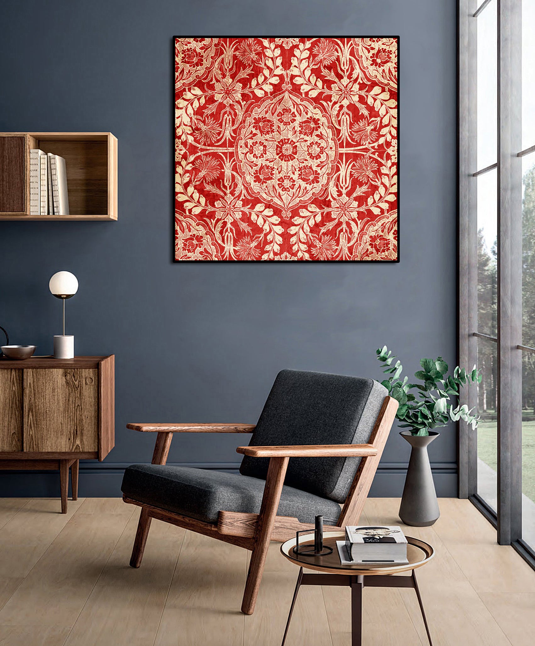 Framed 1 Panel - Red Antique Floral Pattern