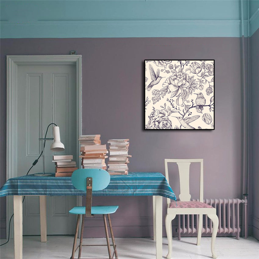 Pine Stretched  Framed 1 Panel - Vector Sketch Pattern with Birds and Flowers.