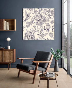 Pine Stretched  Framed 1 Panel - Vector Sketch Pattern with Birds and Flowers.