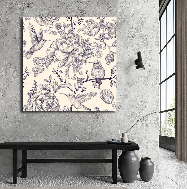 Pine Stretched  Framed 1 Panel - Vector Sketch Pattern with Birds and Flowers.