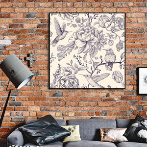 Pine Stretched  Framed 1 Panel - Vector Sketch Pattern with Birds and Flowers.