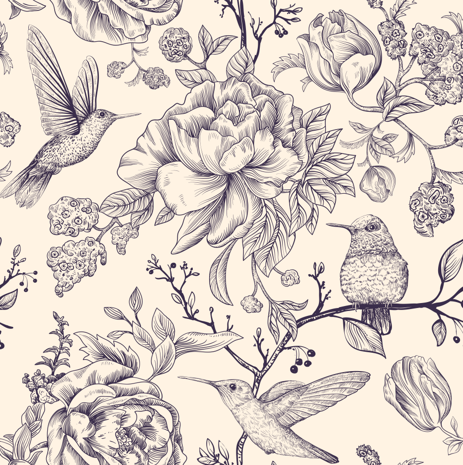 Pine Stretched  Framed 1 Panel - Vector Sketch Pattern with Birds and Flowers.
