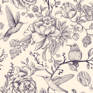 1 Panel - Vector Sketch Pattern with Birds and Flowers.