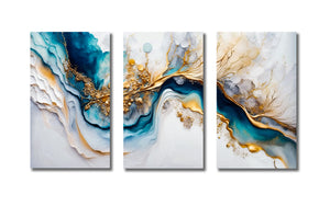Framed 3 Panels - Light Blue Azure Tones with Golden Marble