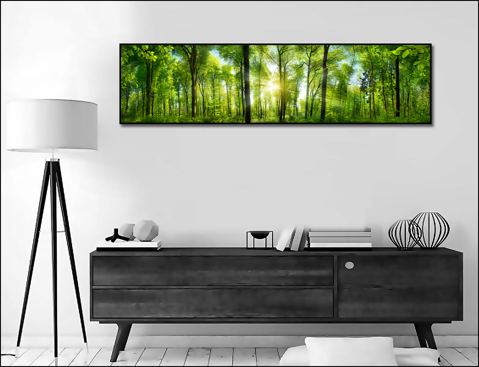 Pine Stretched  Framed 1 Panel - Extra Wide Woodlands Panorama with Rays of Sunlight