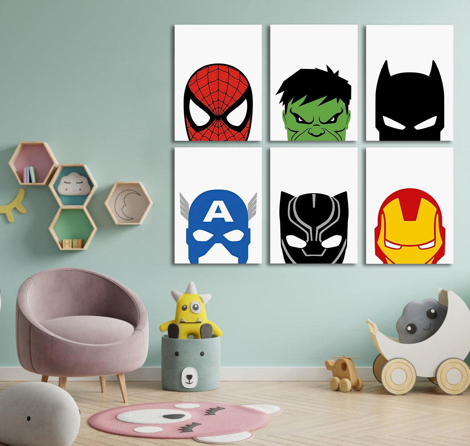 Kids Room Canvas Wall Art, Cute Dinosaurs, Playful Nursery Decor Stretched 6 Panels - Hero
