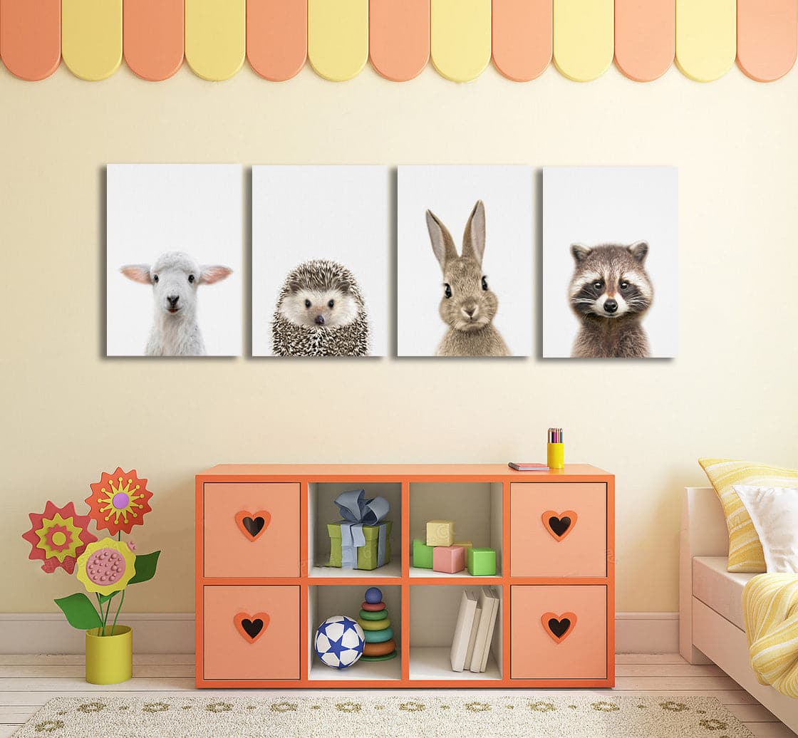 Pine Stretched  Framed 4 Panels - Kids Room - A Set of Cute Animals