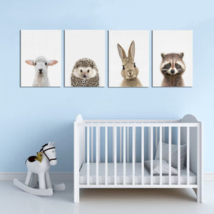 Pine Stretched  Framed 4 Panels - Kids Room - A Set of Cute Animals