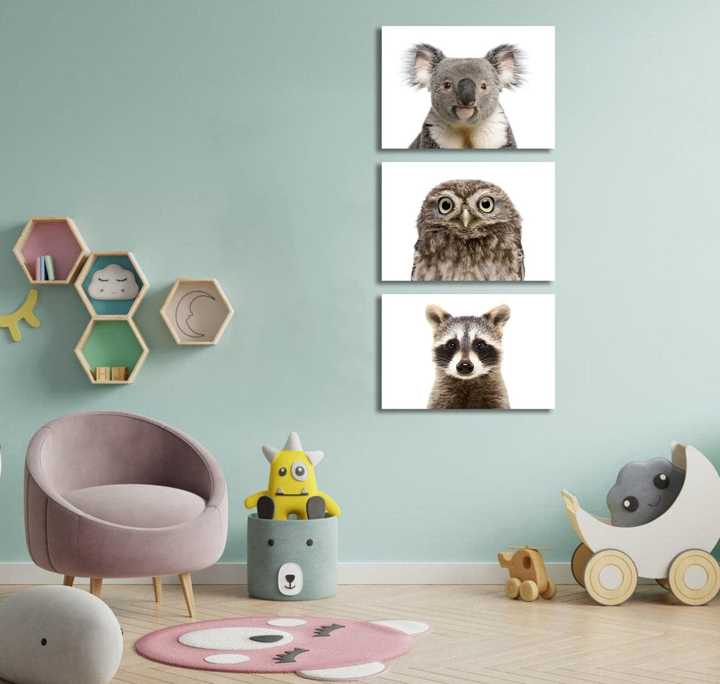 Pine Stretched  Framed 3 Panels - Kids Room - A Set of Cute Animals