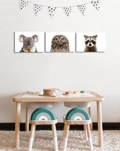 Pine Stretched  Framed 3 Panels - Kids Room - A Set of Cute Animals