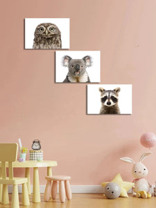 Pine Stretched  Framed 3 Panels - Kids Room - A Set of Cute Animals