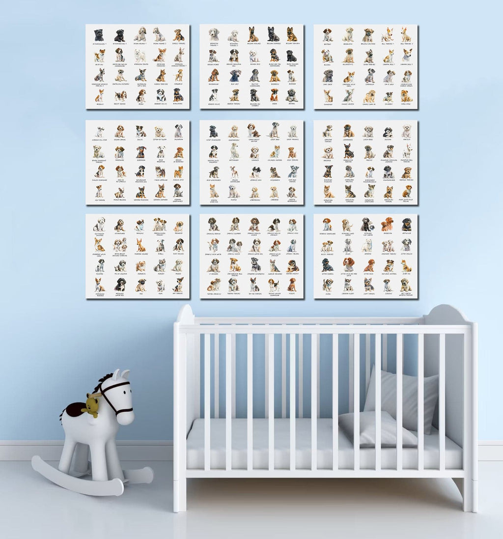 Pine Stretched  Framed 9 Panels - Kids Room - 180 Puppies