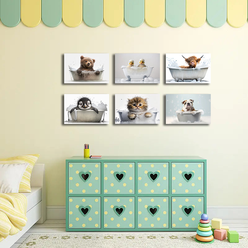 Pine Stretched  Framed 6 Panels - Kids Room - Cute Animals in Bath