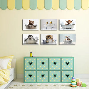 Pine Stretched  Framed 6 Panels - Kids Room - Cute Animals in Bath