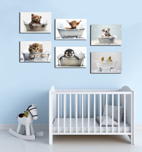 Pine Stretched  Framed 6 Panels - Kids Room - Cute Animals in Bath