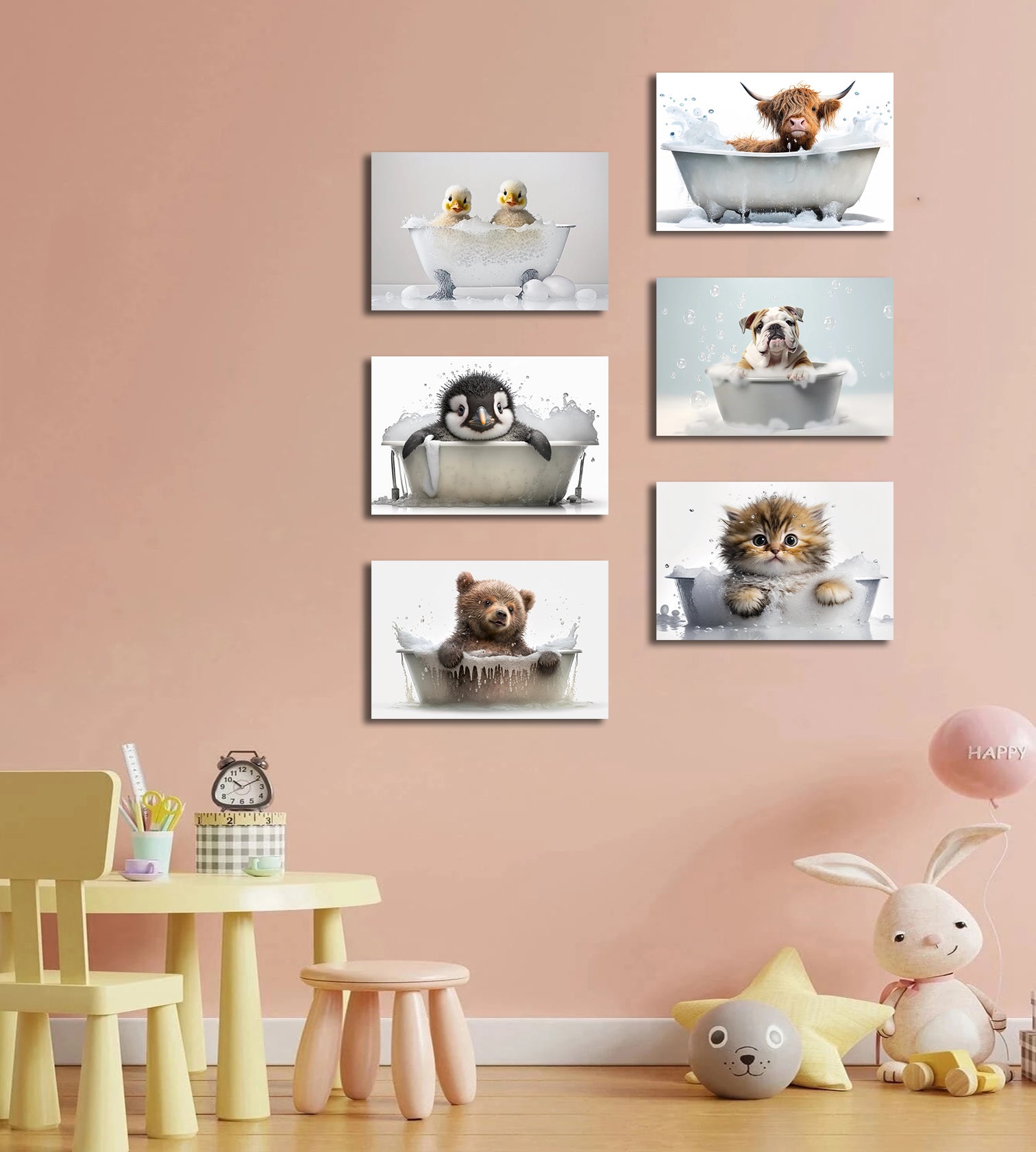 Pine Stretched  Framed 6 Panels - Kids Room - Cute Animals in Bath