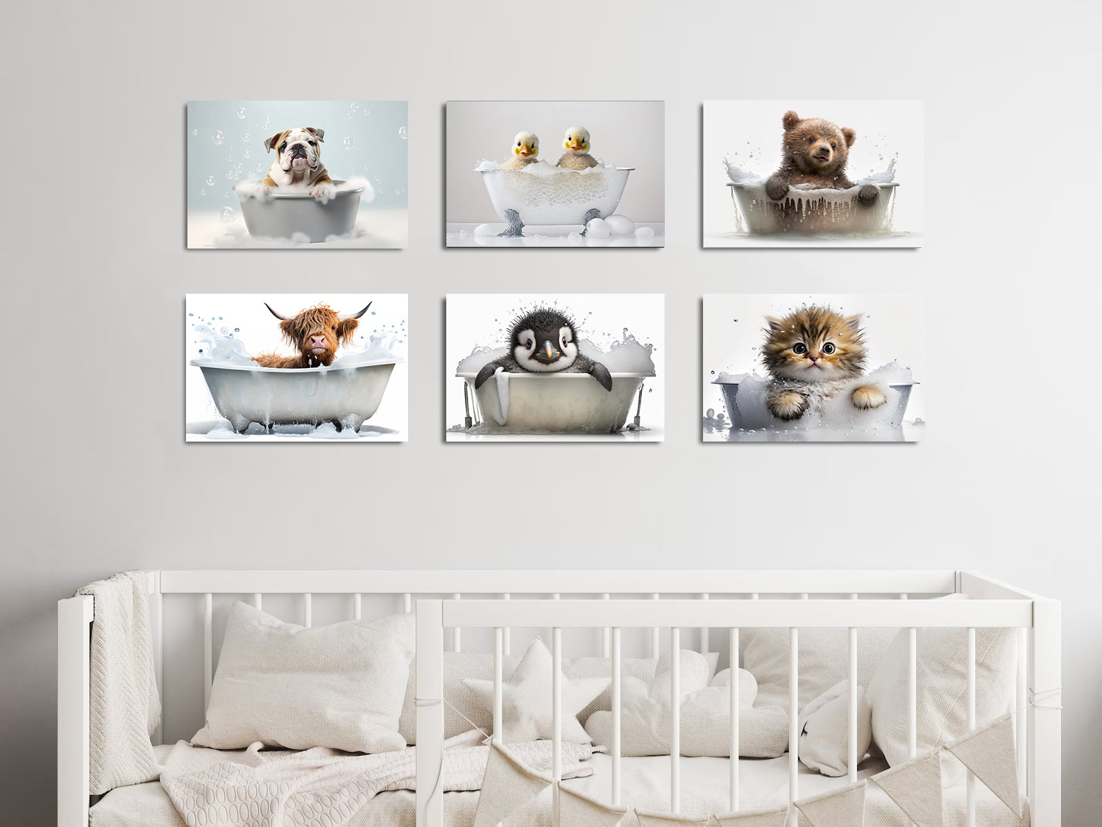 Pine Stretched  Framed 6 Panels - Kids Room - Cute Animals in Bath