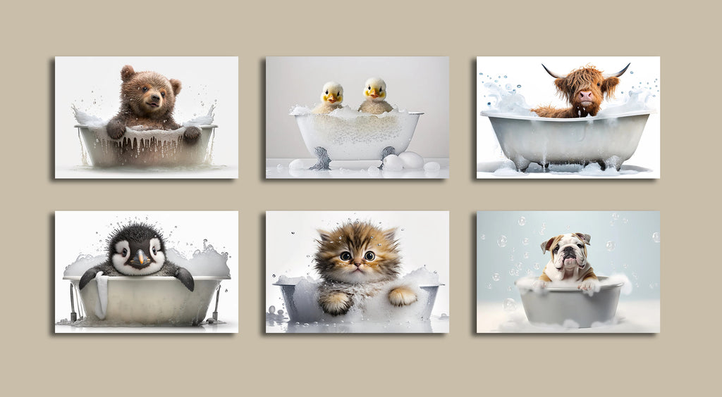Pine Stretched  Framed 6 Panels - Kids Room - Cute Animals in Bath