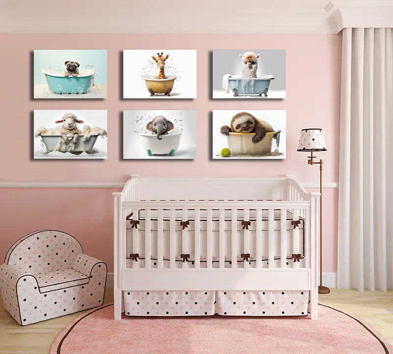 Pine Stretched  Framed 6 Panels - Kids Room - Cute Animals in Bath