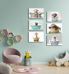 Pine Stretched  Framed 6 Panels - Kids Room - Cute Animals in Bath