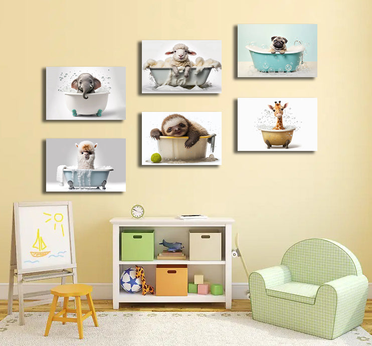 Pine Stretched  Framed 6 Panels - Kids Room - Cute Animals in Bath