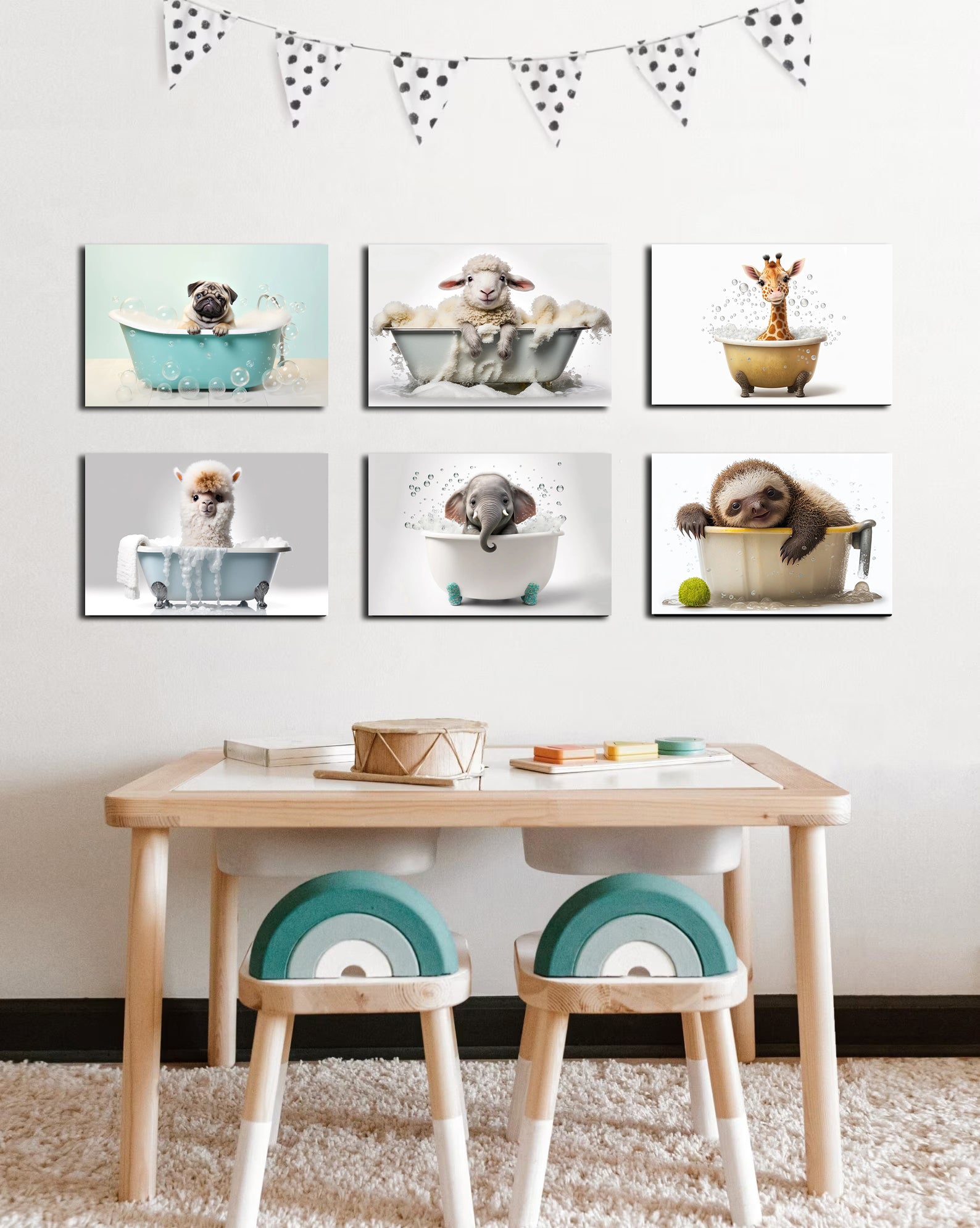 Pine Stretched  Framed 6 Panels - Kids Room - Cute Animals in Bath
