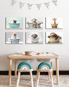 Pine Stretched  Framed 6 Panels - Kids Room - Cute Animals in Bath